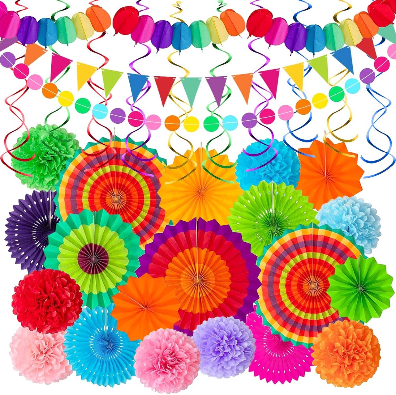 35PCS Cinco De Mayo Hanging Decorations Set – Colorful Fiesta Paper Fans, Pom Poms, Swirls & Banners for Mexican Party Backdrops & Taco Night Decor